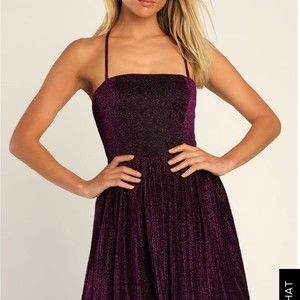 NWT Lulu’s Party Era Purple Sparkly Lace-Up Pleated Skater Dress